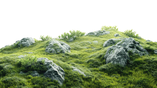 Scenic mountain trail through lush greenery and rocky terrain png isolated on transparent background