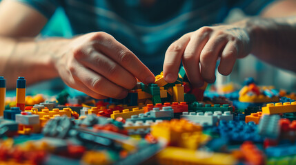 A workspace filled with blocks, where an adult is deeply concentrated, building a colorful structure. A perfect combination of creativity, focus and nostalgia in a fun, hands-on activity.