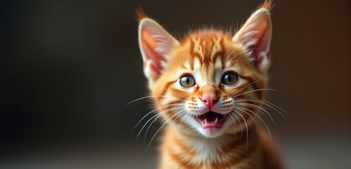 A playful orange kitten with expressive eyes and a cheerful meow, perfect for pet-related content, marketing campaigns, or social media graphics.