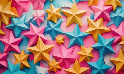 Colorful 3D Stars in Pink, Blue, and Yellow for Creative Backgrounds and Designs