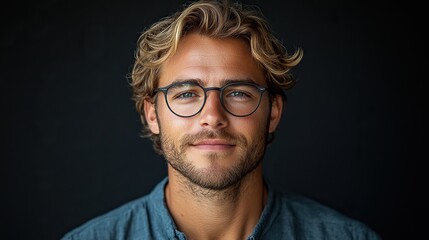 Obraz premium handsome young blond man wearing eyeglasses and shirt isolated on transparent background png for professional portraits and design projects