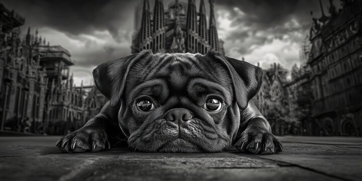 Black and white portrait of a sad pug dog in urban setting with gothic architecture