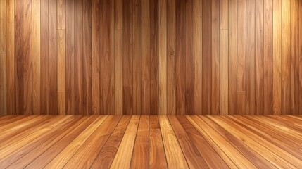 Naklejka premium A spacious wooden interior featuring warm-toned planks on both walls and floor, creating a cozy and inviting atmosphere.