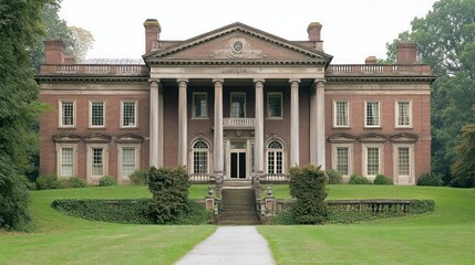 Fototapeta premium Historic brick mansion facade, formal gardens, estate grounds, tranquil setting