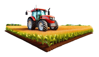 Tractor on a Farm Field 3D Cartoon Style Illustration on White Background