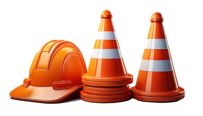 Traffic Cone and Road Signs 3D Cartoon Style Illustration on White Background