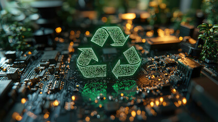 Green recycling symbol on circuit board; sustainable tech; eco-friendly electronics disposal; future technology background; website banner
