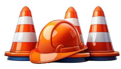 Traffic Cone and Road Signs 3D Cartoon Style Illustration on White Background
