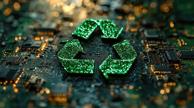 Green recycle symbol on circuit board; technological waste recycling; bokeh background; sustainable technology