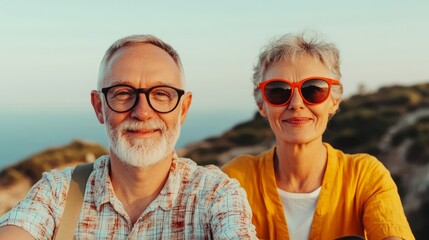 Happy Elderly Couple Posing Together in Outdoor Setting, Enjoying a Day in Nature with Beautiful Scenic Background, Capturing Joyful Moments in Life