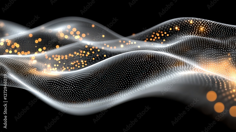 Poster abstract background featuring glowing dots and fluid waves in a futuristic style