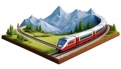 Train with Scenic View 3D Cartoon Style Illustration on White Background