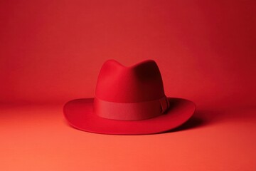 A vibrant red fedora hat rests against a red backdrop