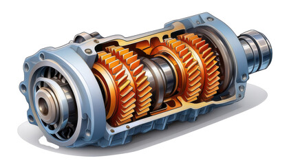 Transmission Gearbox with Open View 3D Cartoon Style Illustration on White Background