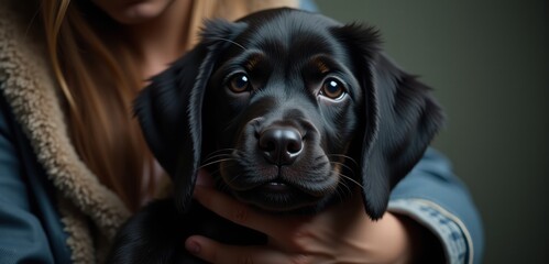 A close-up of a black Labrador puppy being held, showcasing its expressive eyes and playful demeanor, perfect for pet care, adoption campaigns, and marketing materials.