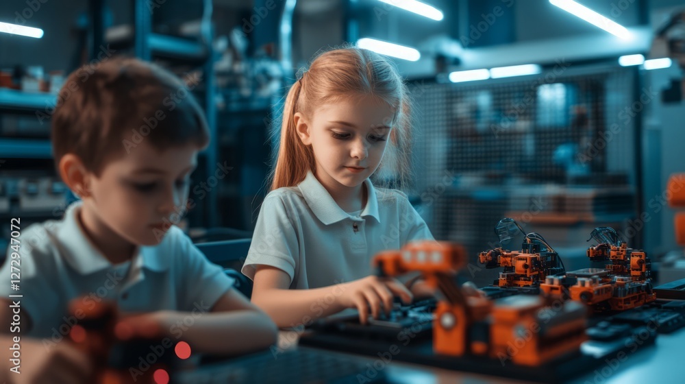 Poster children engaged in robotics workshop, exploring technology and creativity with educational kits and