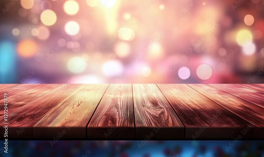 Poster wooden table surface with blurred colorful bokeh background for product display