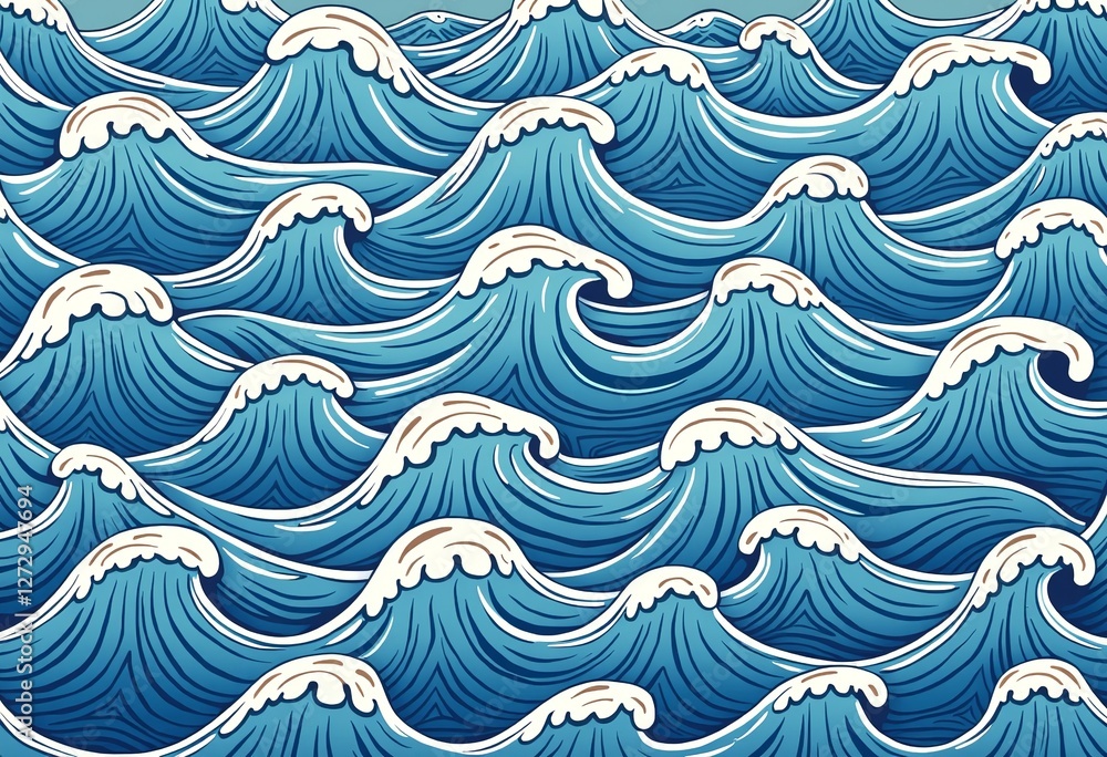 Poster シームレスな青と白の落書きパターン：テキスタイル生地とウェブデザインのための海の波、海、川、風のある抽象的な漫画の背景