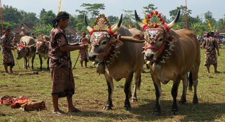 Naklejka premium Adorned Oxen at Traditional Balinese Ceremony