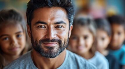 Fototapeta premium happy male teacher with diverse students in elementary school classroom posing for camera
