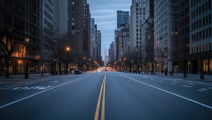 Fototapeta premium Empty NYC street at dawn, city skyline in background