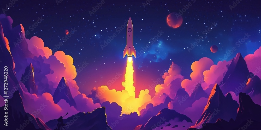 Poster rocket launching into space with colorful clouds and planets in the background