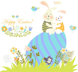 Easter bunnies and easter egg. Vector illustration