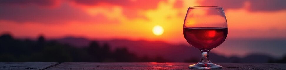 Fototapeta premium Colorful sunset over a glass of red wine in a wineglass bowl, wine, liquid