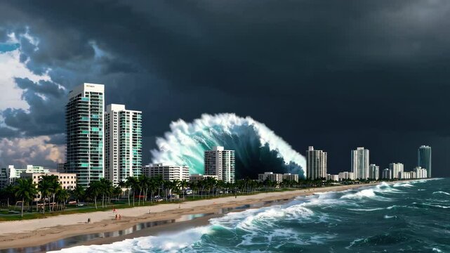 Apocalyptic tsunami in a metropolitan seaside city. A towering wave, cresting high above a row of beachfront buildings, threatens to engulf the city.
