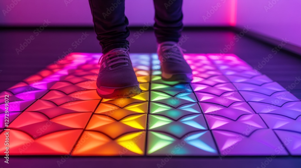 Poster colorful interactive floor with illuminated panels and person standing on it, showcasing dynamic lig