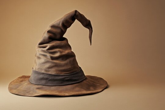 A tan brown wizard hat with a droopy point