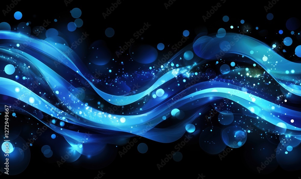 Poster abstract blue wave background with glowing particles and bubbles for design projects
