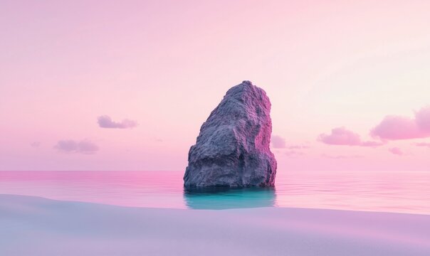 Serene rock formation at sunset over calm waters with pastel sky and gentle waves - Powered by Adobe