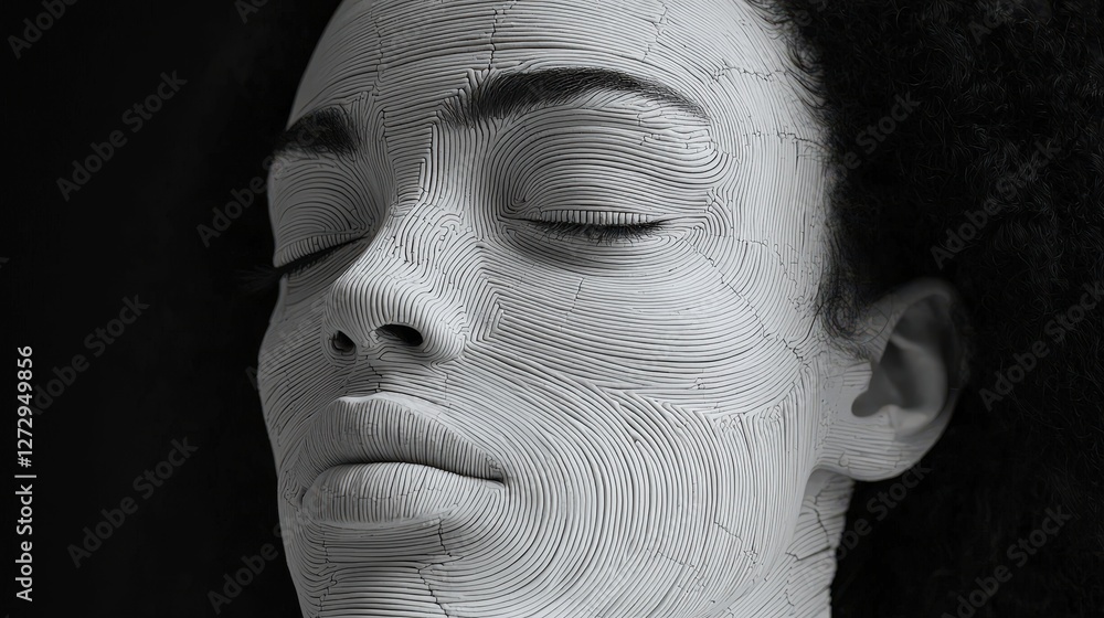 Poster womans face uniquely covered in intricate lines highlighting artistic expression and emotion