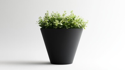 Minimalist black cone matt planter with plants in it, on a white background, no shadow