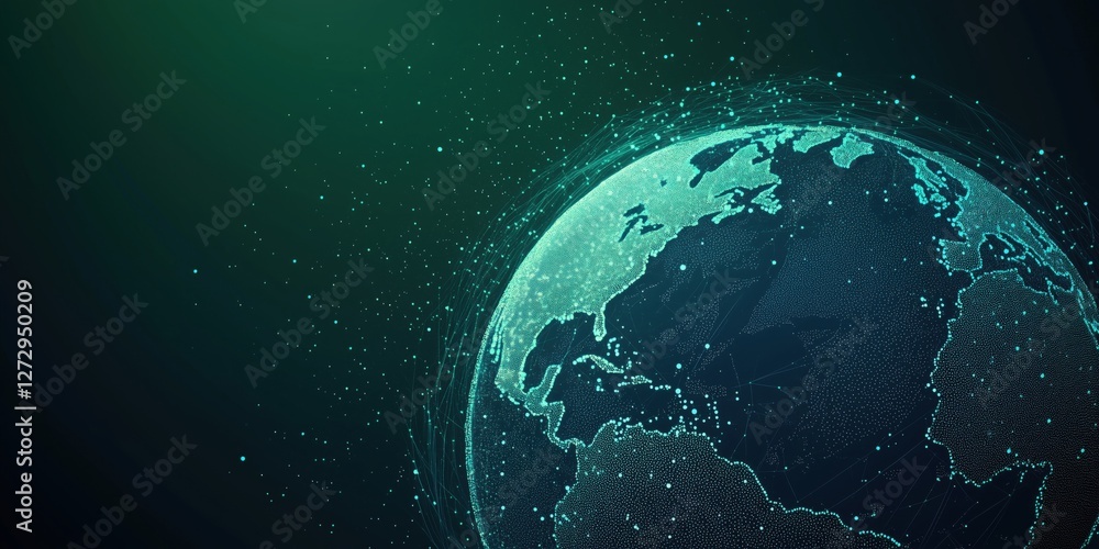 Poster digital globe representation with network connections and glowing particles