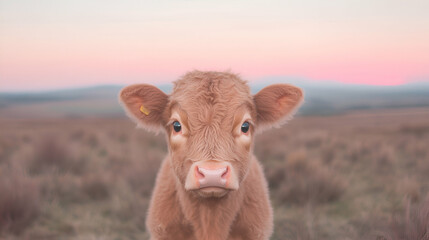 Calf portrait, sunset pasture, rural landscape, farm animal
