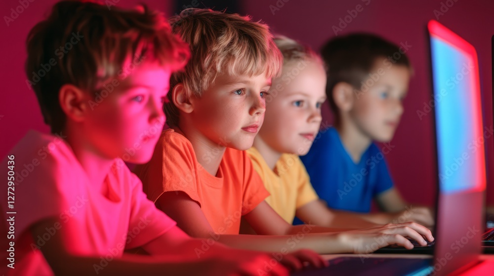 Poster group of young children engaged in computer activities with colorful lighting in a classroom setting