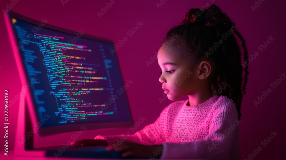 Poster young girl engaged in coding with computer in a colorful environment, illuminated by neon lights, in