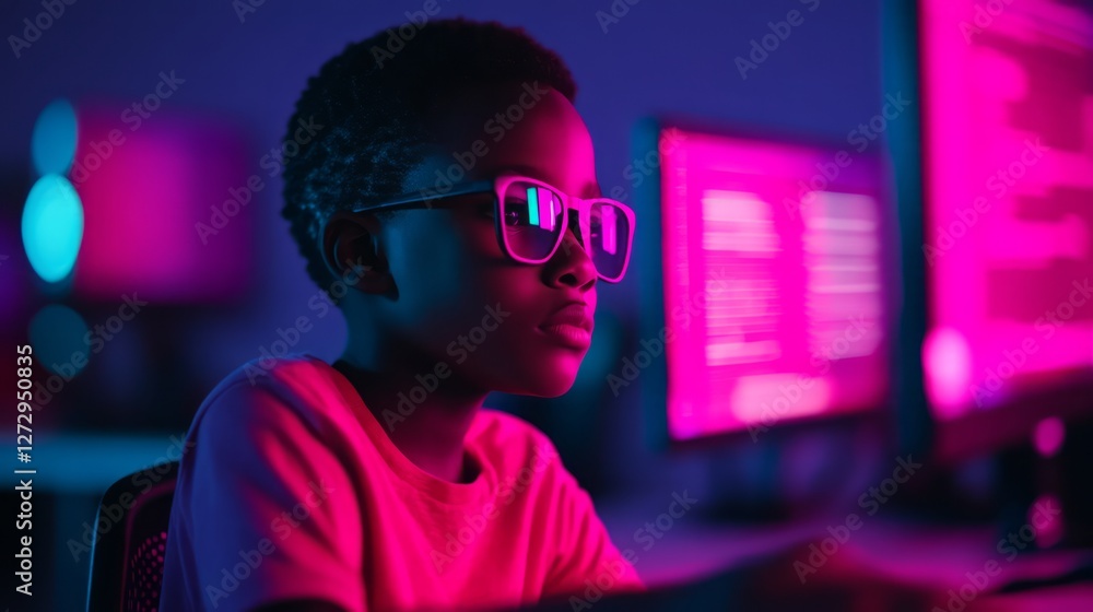Poster a young boy concentrating on coding in a dark room with neon lights and multiple monitors, showcasin