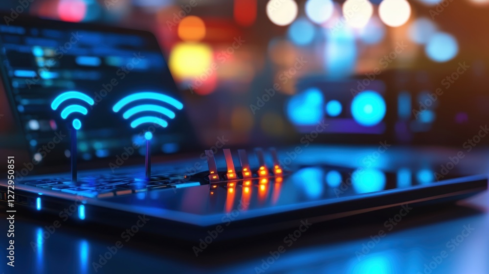 Poster close-up of a high-fidelity router emitting wireless signals in a dynamic environment