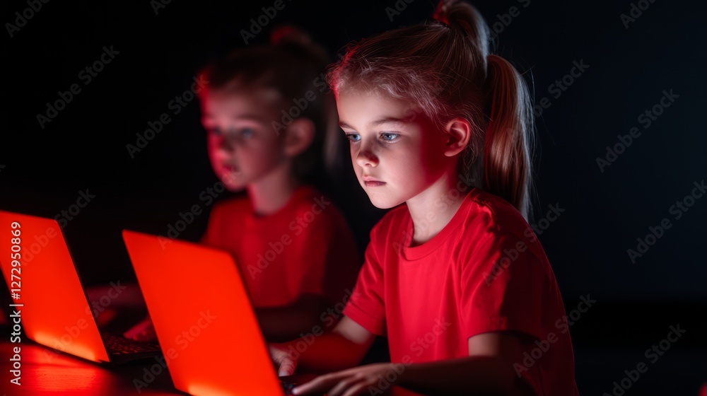 Poster young girl engaging with technology in a dark environment while using a laptop, illuminated by the s