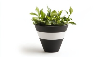 Obraz premium Minimalist black cone matt white planter with plants in it, on a white background, no shadow - greens inside