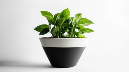 Obraz premium Minimalist black cone matt white planter with plants in it, on a white background, no shadow - greens inside