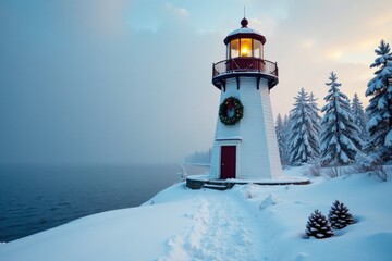 Cozy snow-covered lighthouse with evergreen wreaths, snow-covered landscape, pinecone, winter