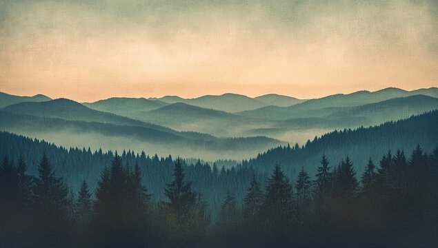 Misty mountain range, forest silhouettes, tranquil landscape