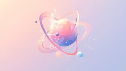 Abstract atom graphic, pastel space, orbiting planets, futuristic background