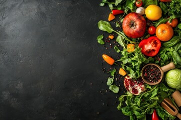A vibrant arrangement of fresh vegetables and fruits on a dark surface, showcasing a variety of colors and textures, ideal for healthy cooking.