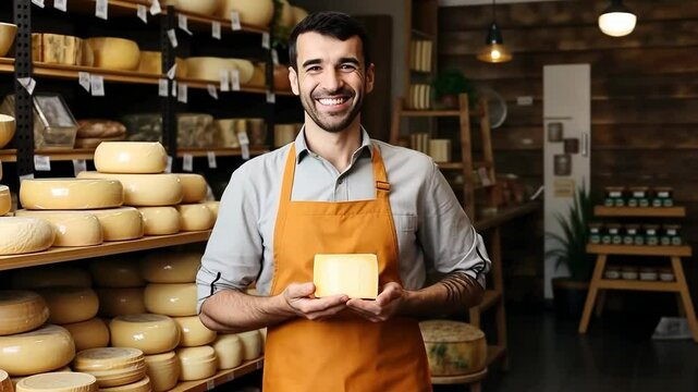 A funny portrait of an attractive cheese shopkeeper in uniform, posing with a wheel of seasoned cheese in front of a display case packed with different types of cheese. - Powered by Adobe