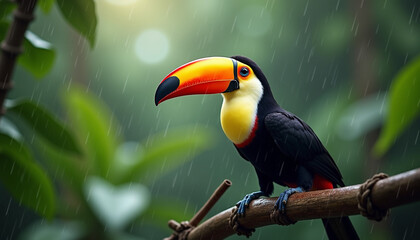 Fototapeta premium Toucan perched on a branch in tropical greenery in the rain